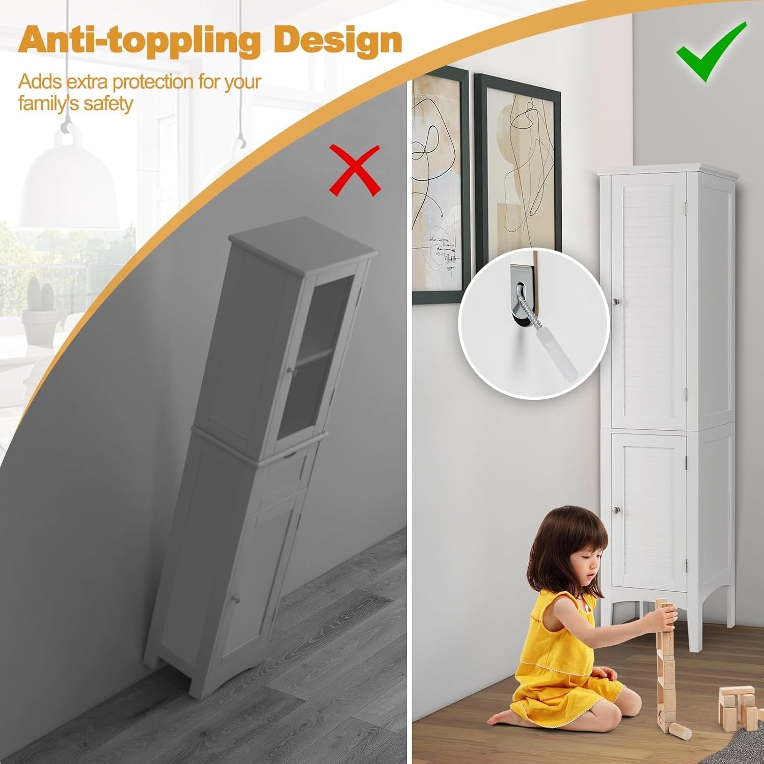 White Tall Bathroom Cabinet with 5 Shelves & Doors Freestanding Storage