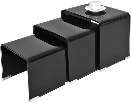Black Glass Nesting Coffee Table Set Modern Space Saving Rectangular End Side