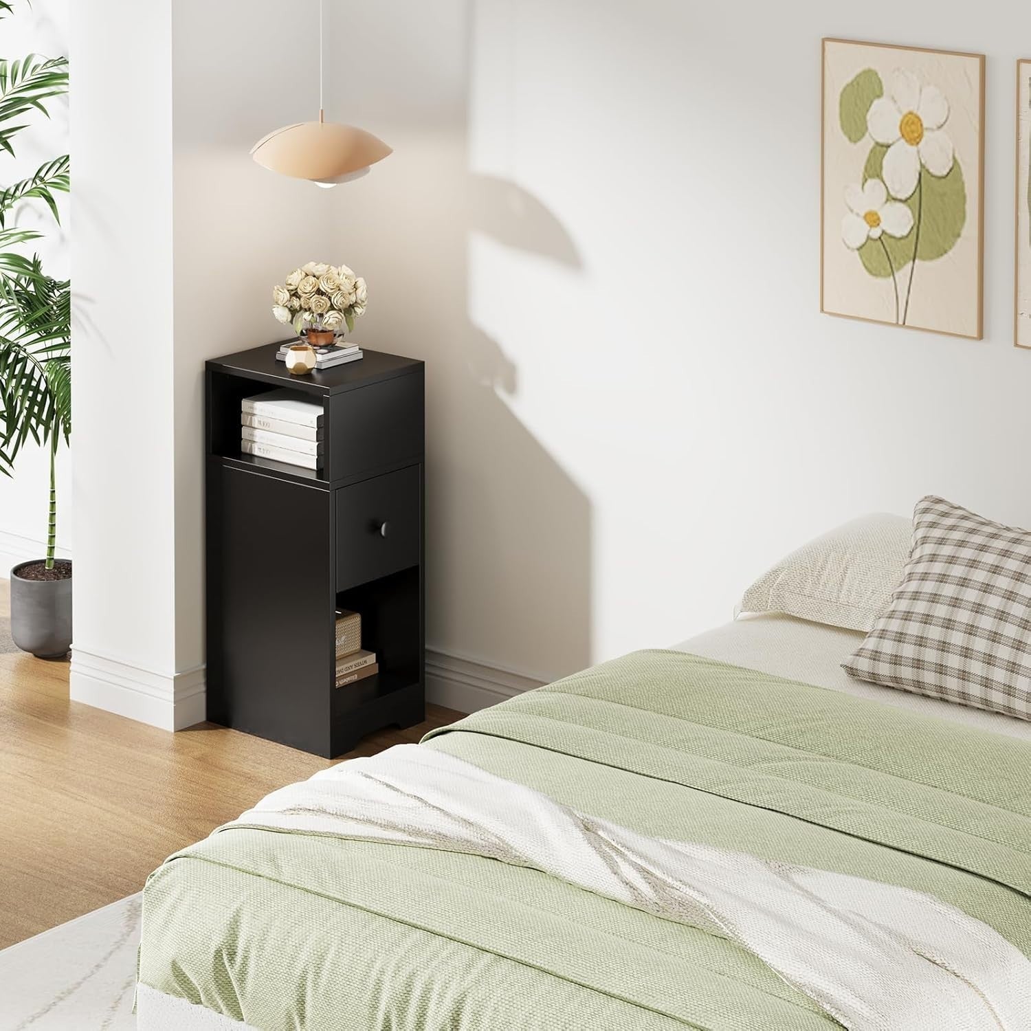 Set of 2 Slim Black Bedside Tables with Drawer & Shelves | Modern