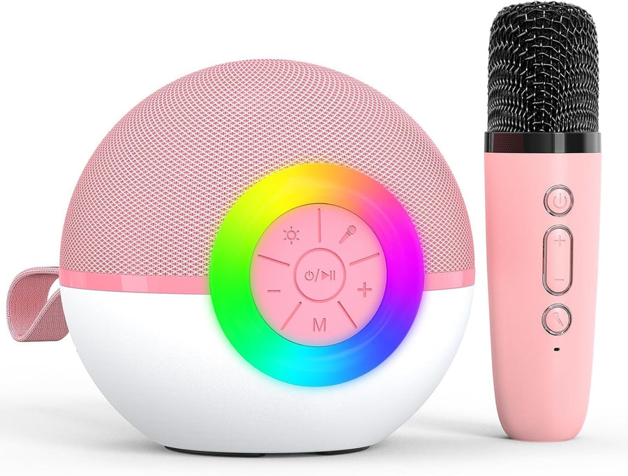 Pink Mini Karaoke Machine 1 Wireless Mic LED Voice Changer