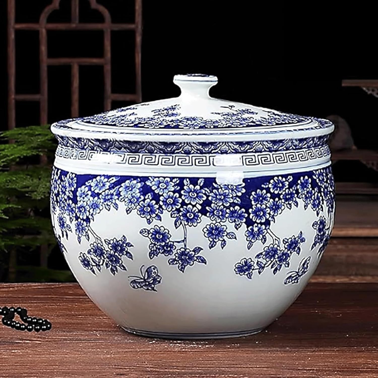 Blue Ceramic Rice Storage Jar Airtight Grain Container with Lid