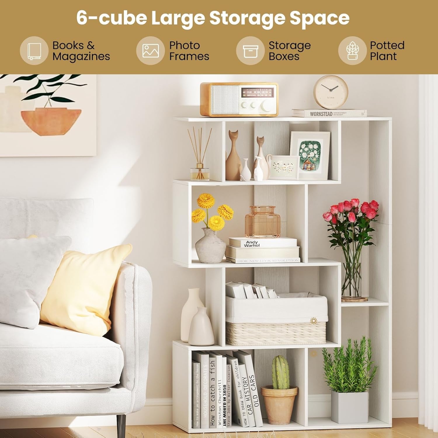 6-Cube Modern Bookshelf Freestanding Storage Unit with Anti-Tip Design White