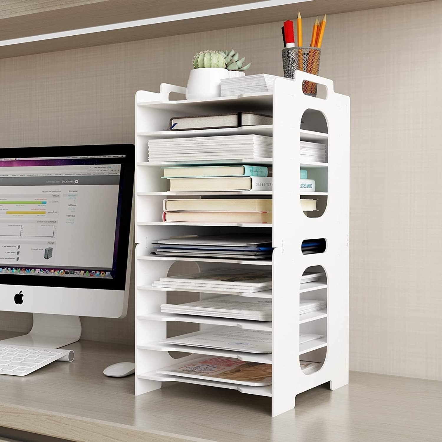 10-Tier White Desk Paper Tray Organizer for A4 Files & Documents