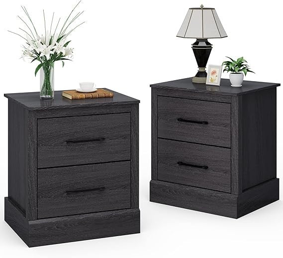 Compact Dark Grey Oak Bedside Tables 2-Pack with 2 Drawers | Modern Nightstands