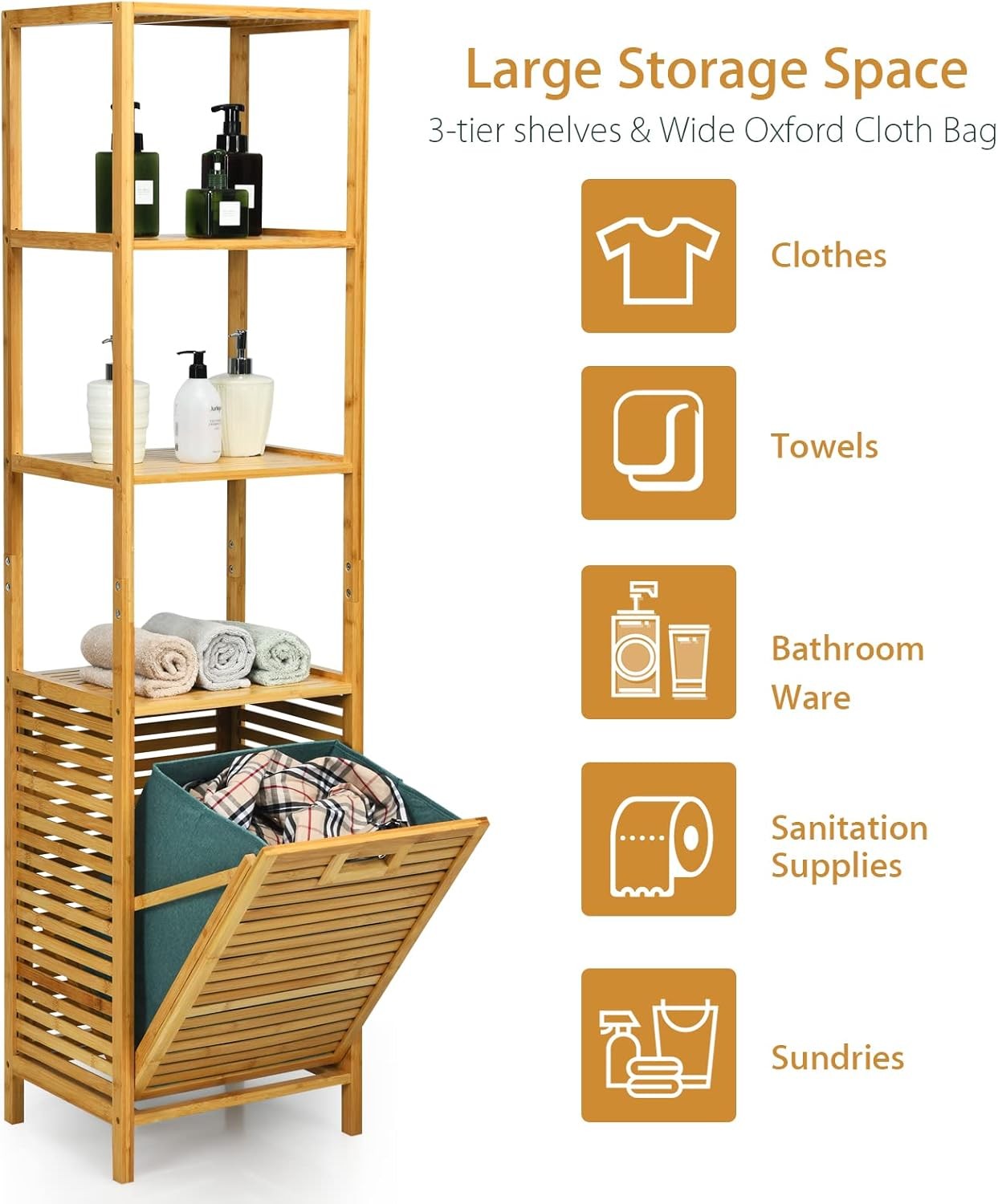 Tall Bamboo Laundry Hamper with 3 Shelves & Tilt-Out Basket | 40×33×160cm