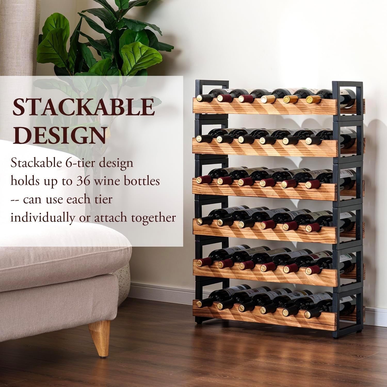 Industrial 6-Tier Wine Rack | Metal & Wood Freestanding Storage for 36 Bottles