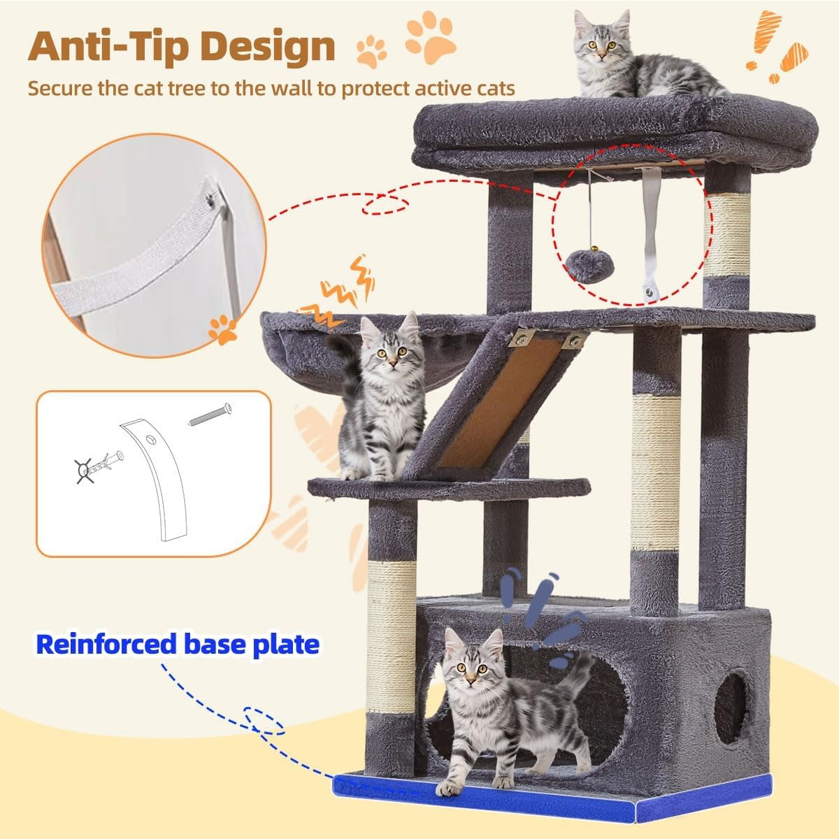 98cm Cat Tower Indoor Scratching Post with Condo Hammock & Perch