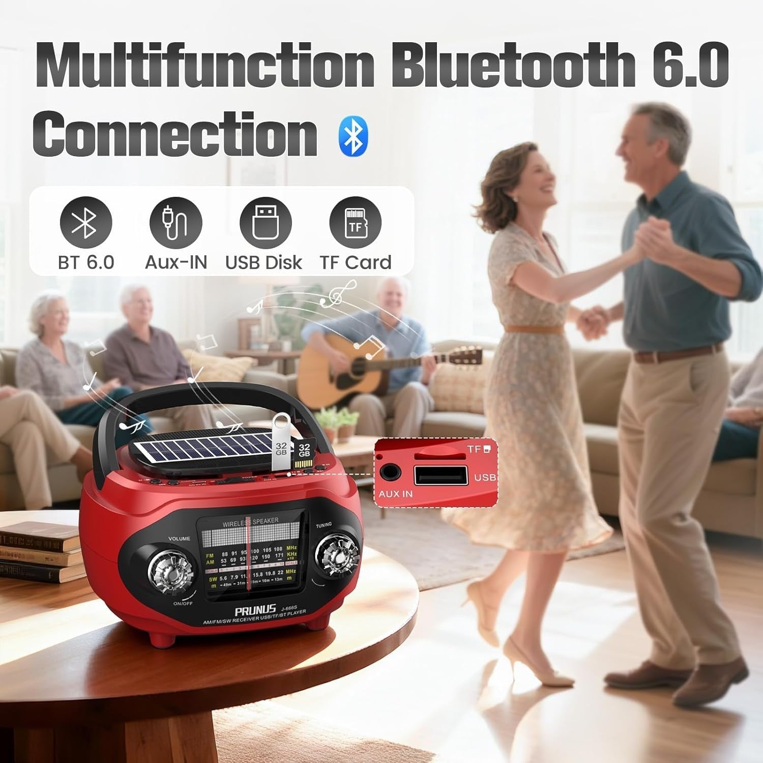 Portable Retro AM/FM/SW Radio Bluetooth 15W Speaker Rechargeable Solar