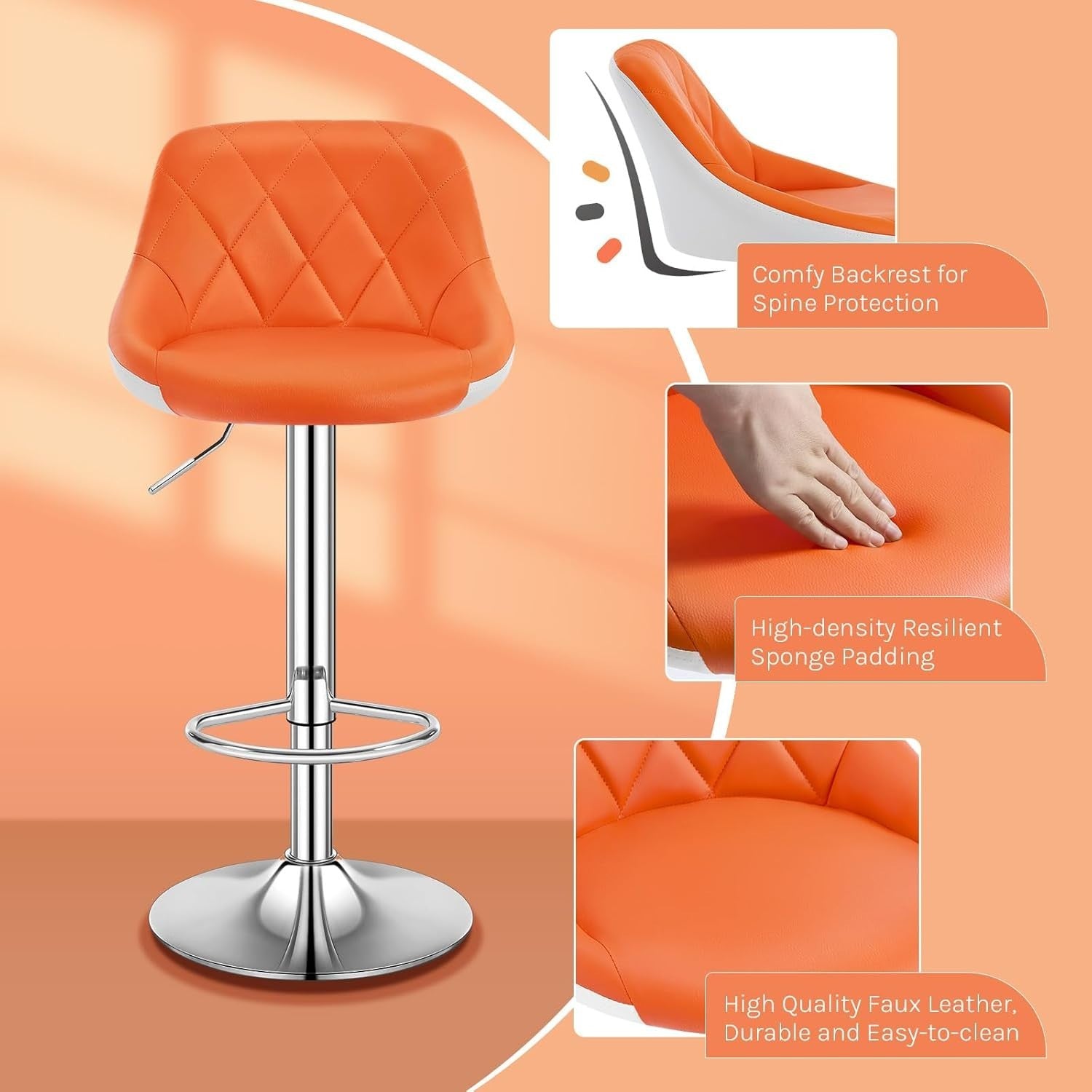 Orange+White Swivel Bar Stool – Adjustable PU Leather Seat with Footrest