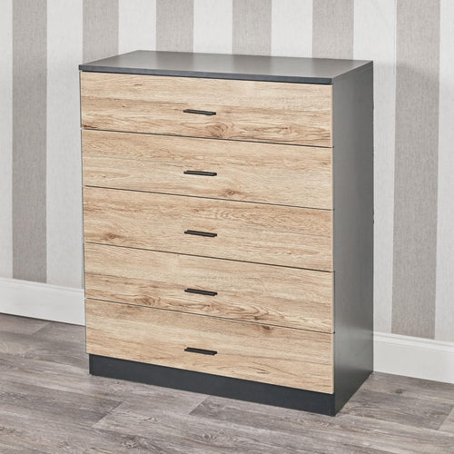 5 Drawer Chest Cabinet Oak Effect Storage Unit Black Bedroom Furniture