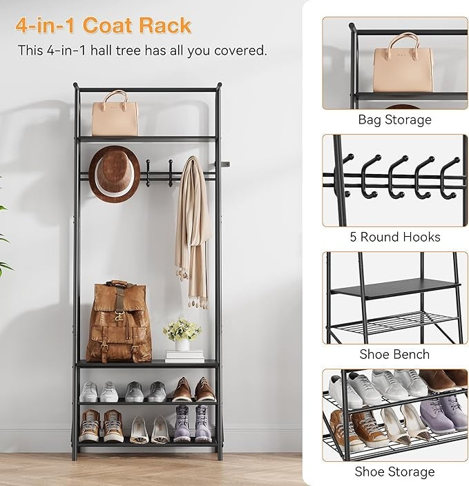 Black 4-in-1 Coat Rack with Shoe Storage & 5 Hooks Metal Hall Tree Stand
