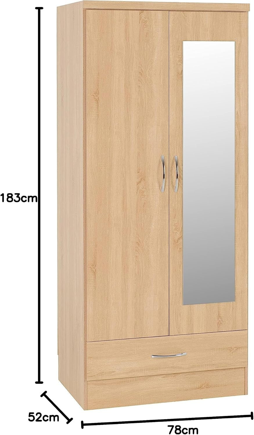 Mirrored 2 Door Oak Effect Wardrobe with Drawer – Bedroom Storage Unit