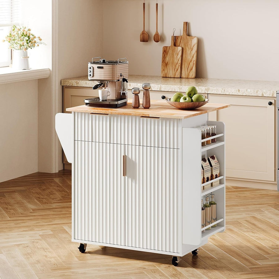 80cm White Rolling Kitchen Island Folding Table Storage Cart