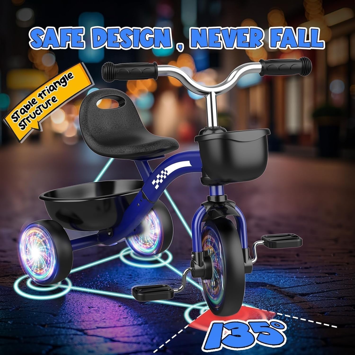Kids Tricycle LED Light Wheels Balance Bike Adjustable Seat Boys 2-5Y