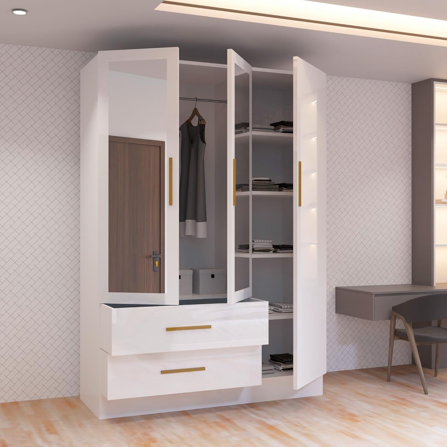 Modern 3 Door High Gloss Wardrobe with Mirror, Drawers & Hanging Rails