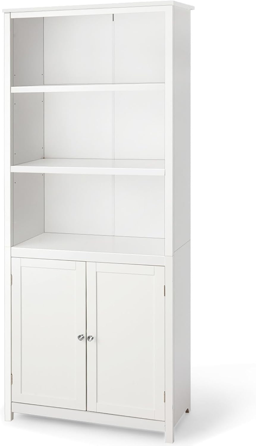White 5-Tier Freestanding Bookcase with Cupboard, Adjustable Shelves, Tall