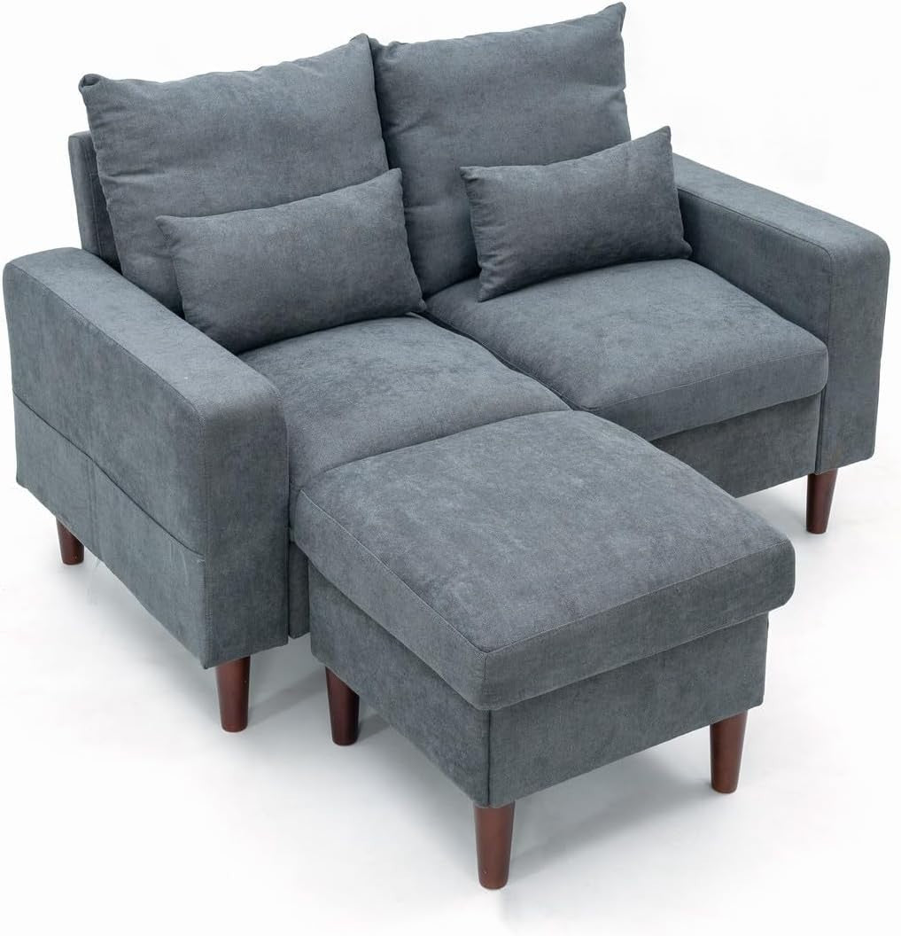 2 Seater Grey Fabric Sofa Couch with Footstool, Small Living Room Ready