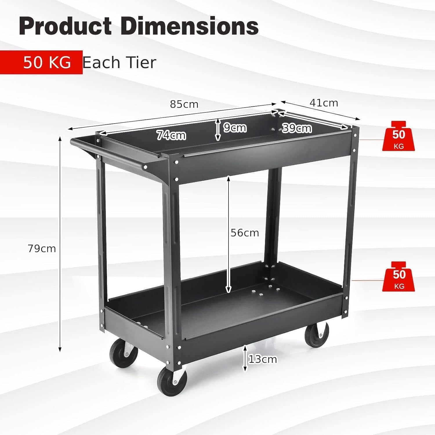 2 Tier Rolling Utility Trolley Heavy Duty Storage Cart with Wheels Black