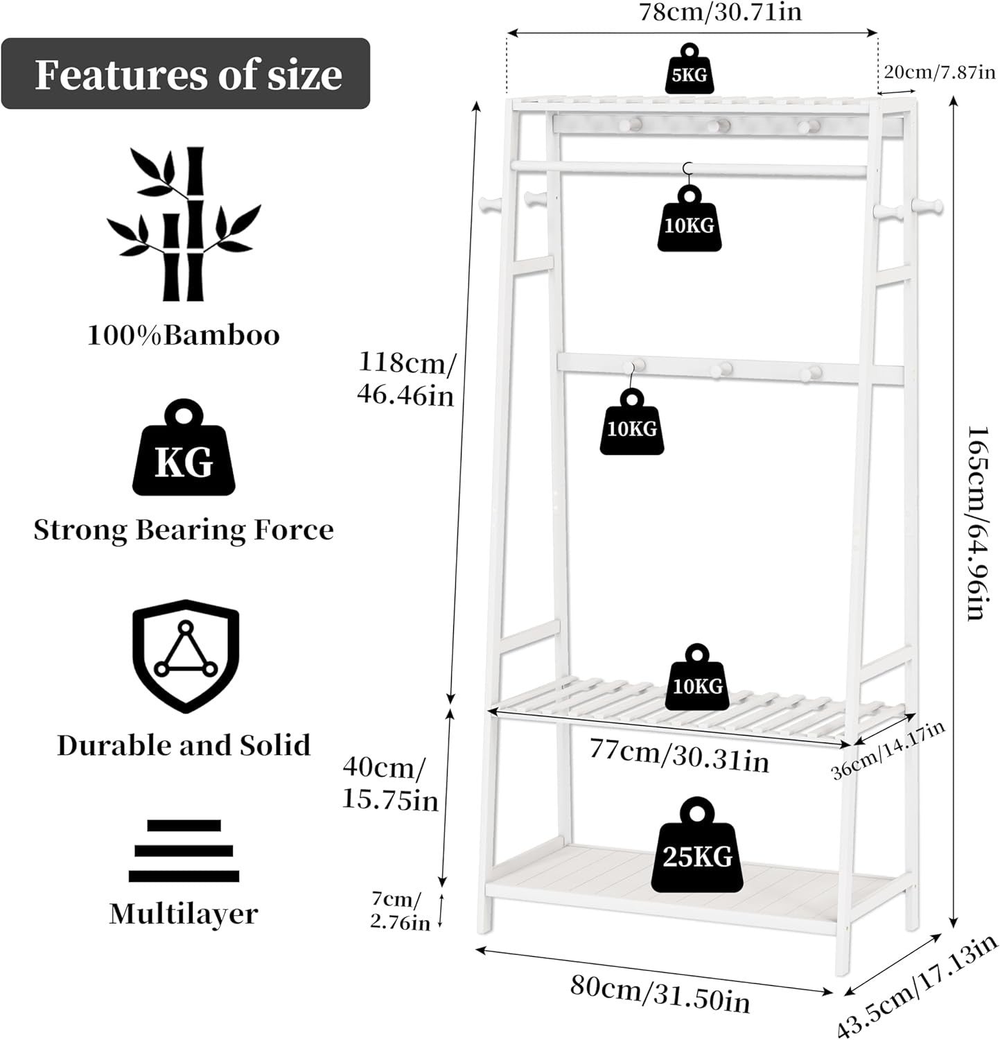 Bamboo Clothes Rail Rack with Shelves & Hooks, White Wardrobe