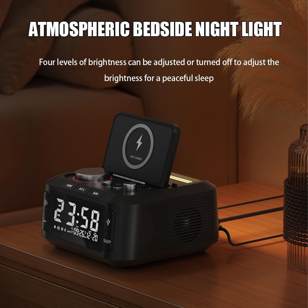 Wireless Charging Alarm Clock Radio 15W Fast Charge LED Night Light Speaker