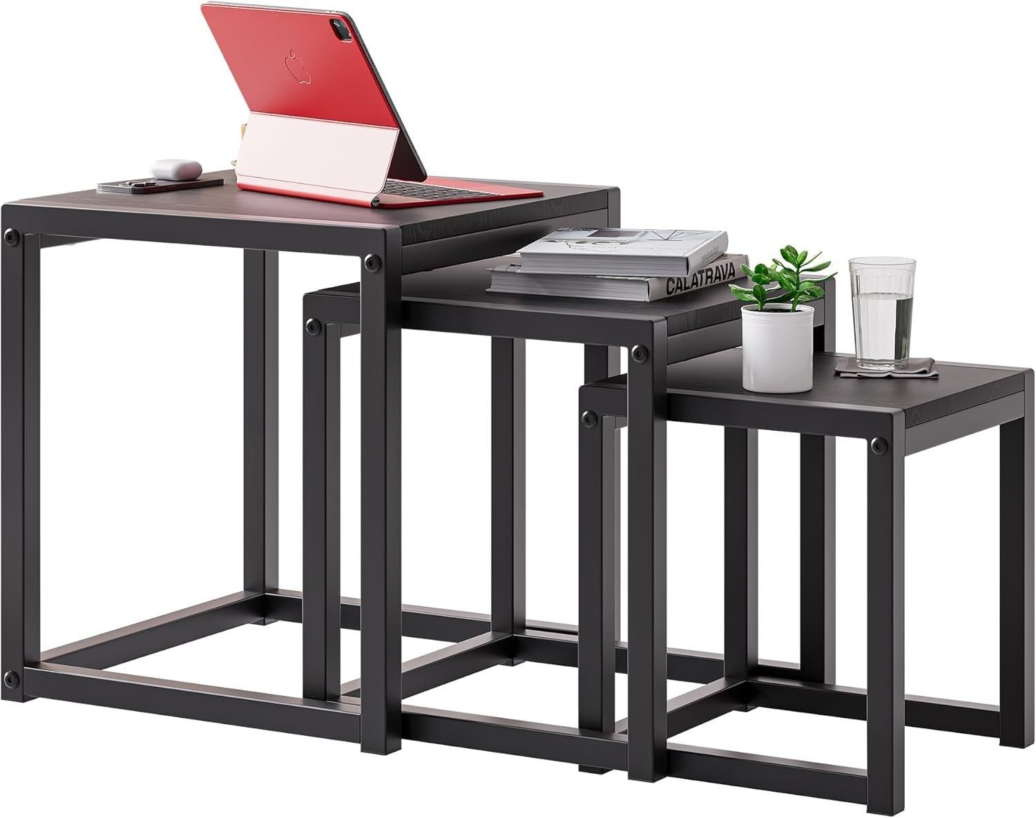 3 Black Nesting Coffee Tables Set of 3 Rectangular Steel MDF Side End Table