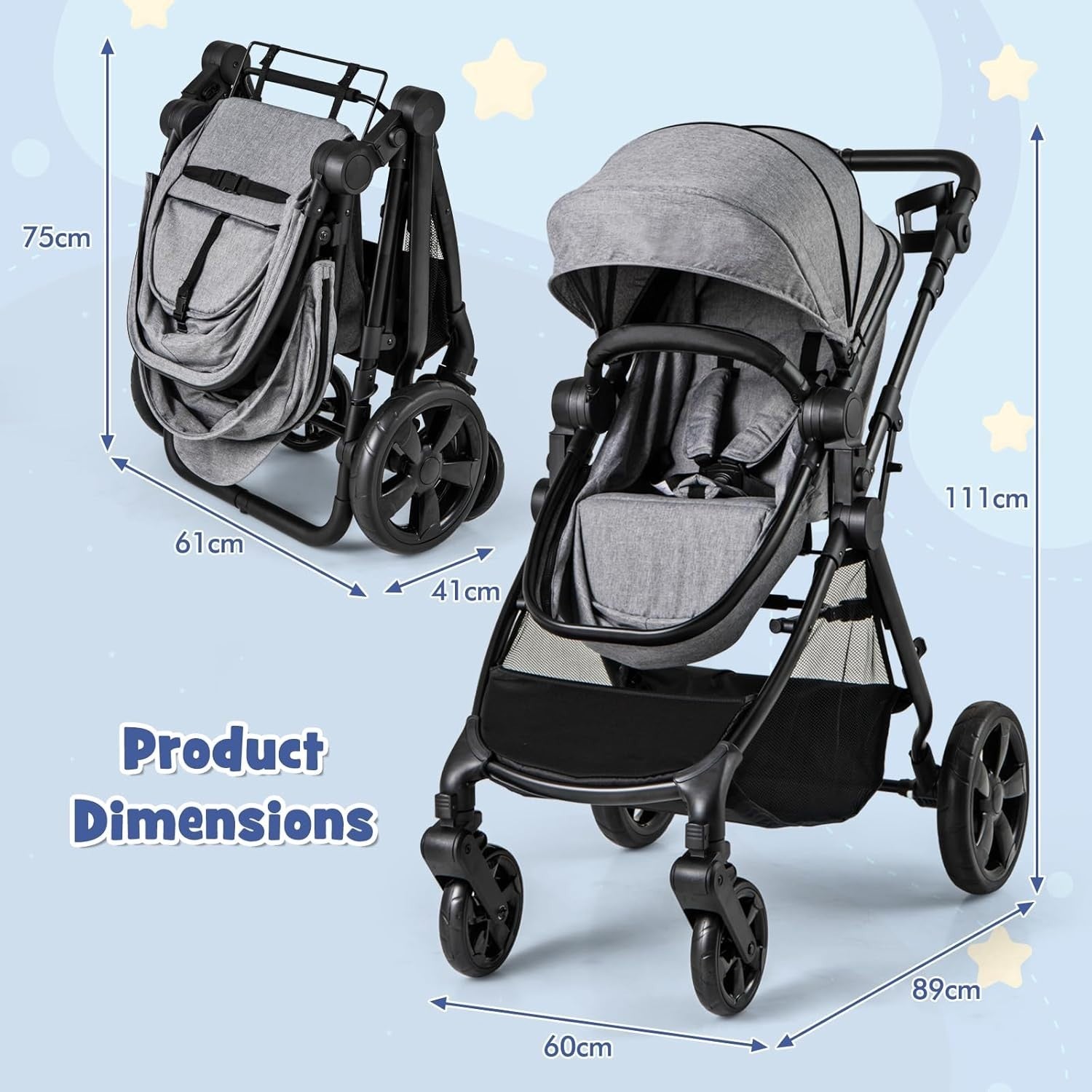 2 in 1 Baby Pushchair Travel Foldable Lightweight Reversible Stroller Grey