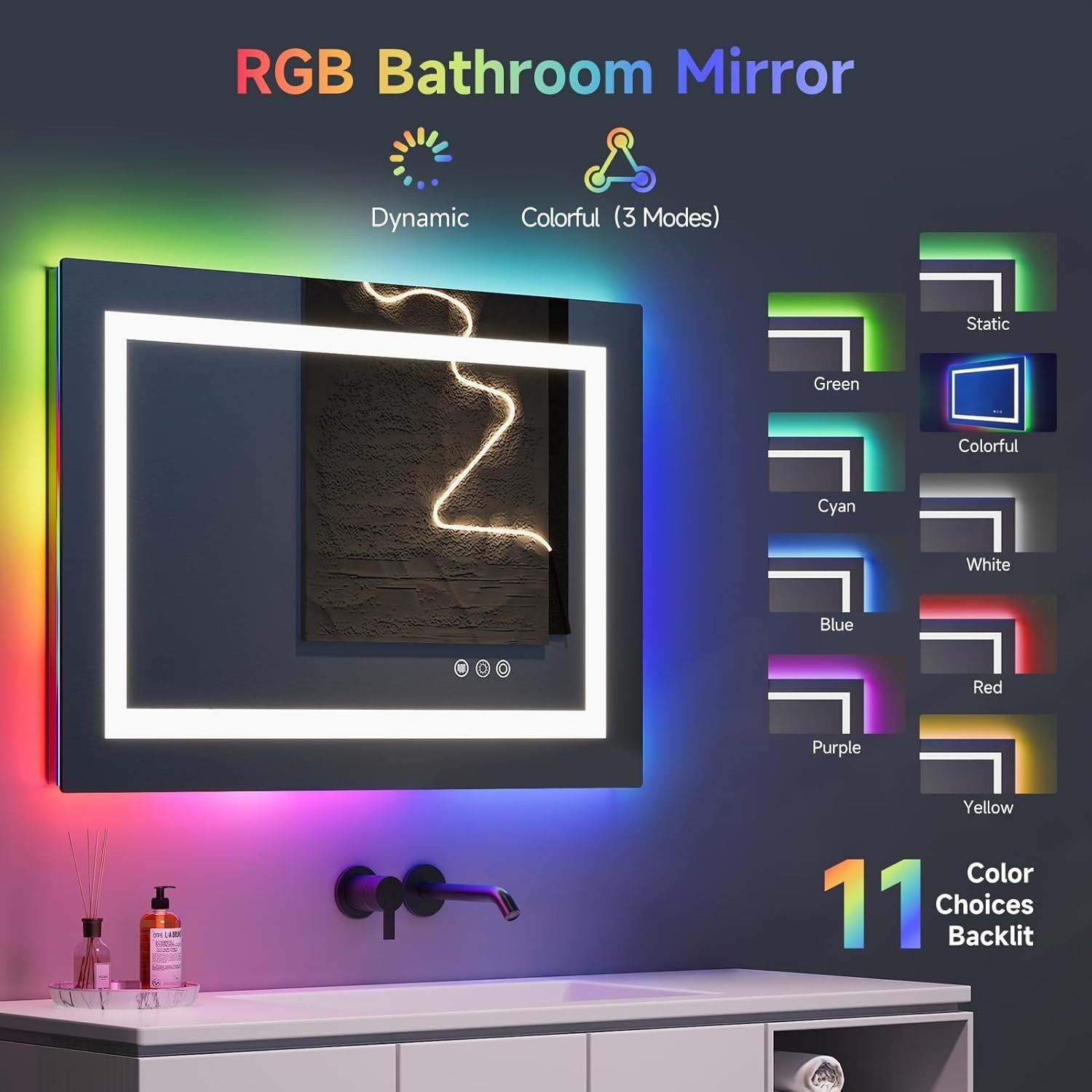 RGB LED Bathroom Mirror 60x45cm Wall Mounted Light Anti-Fog Touch Pad