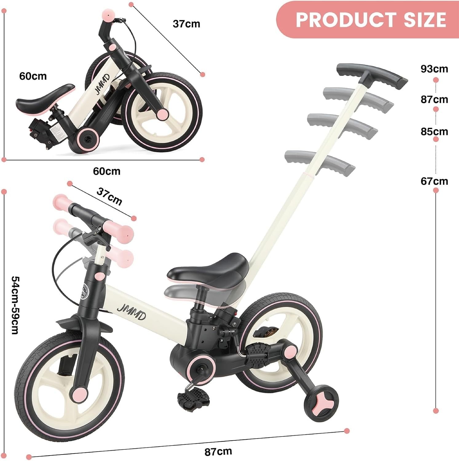 6 in 1 Toddler Bike Balance Pedal Bike Training Wheels Push Handle Pink