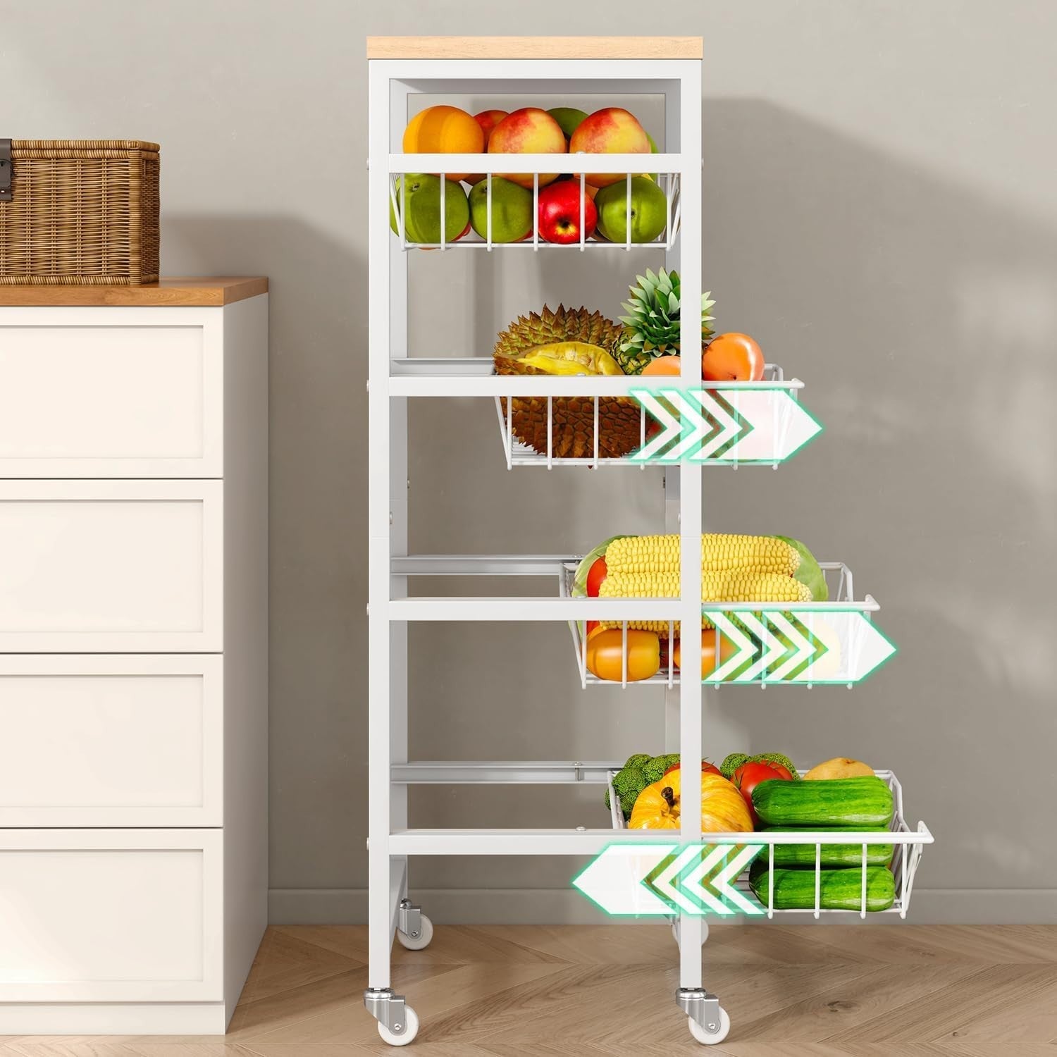 5 Tier Rolling Kitchen Storage Cart Fruit Basket Utility Trolley Wood Top