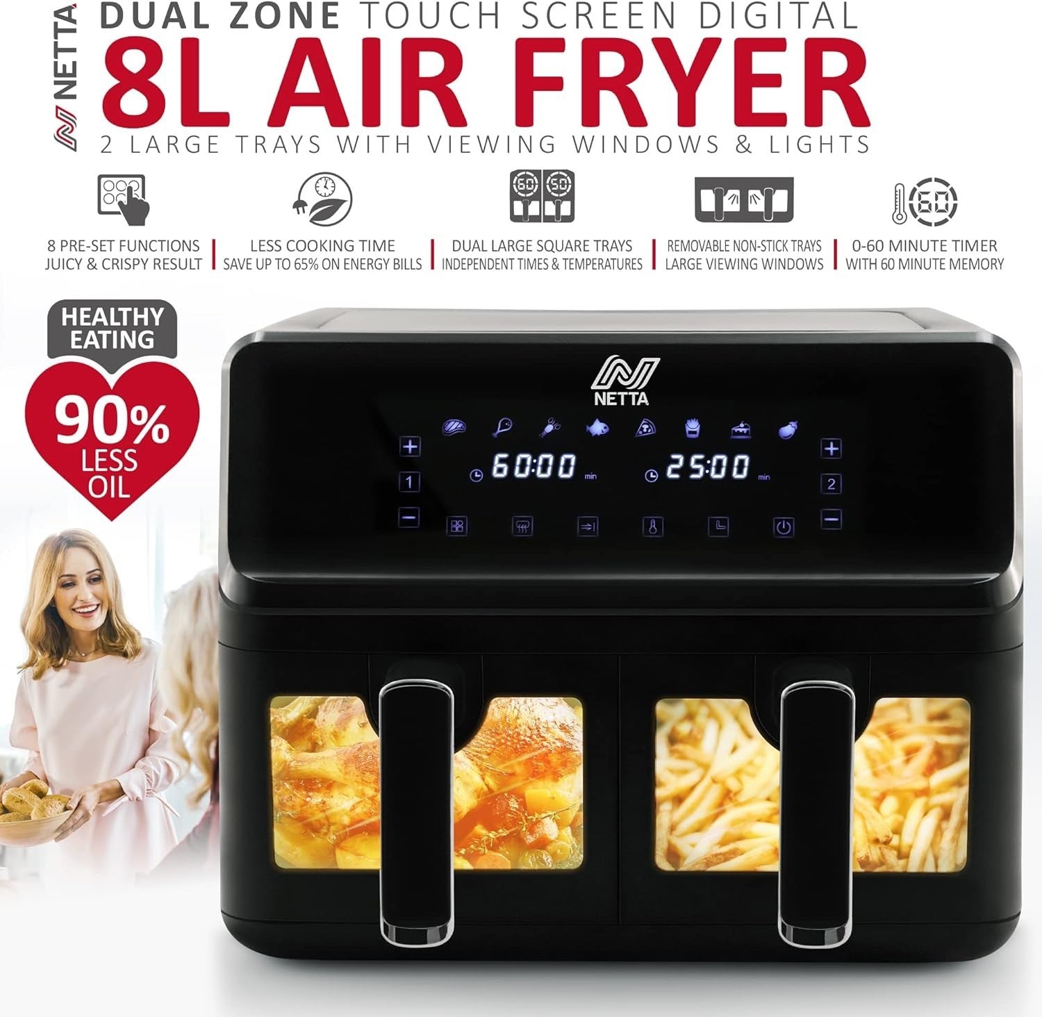 8L Dual Basket Air Fryer 2700W Digital Touch 8 Presets 60min Timer XL Black