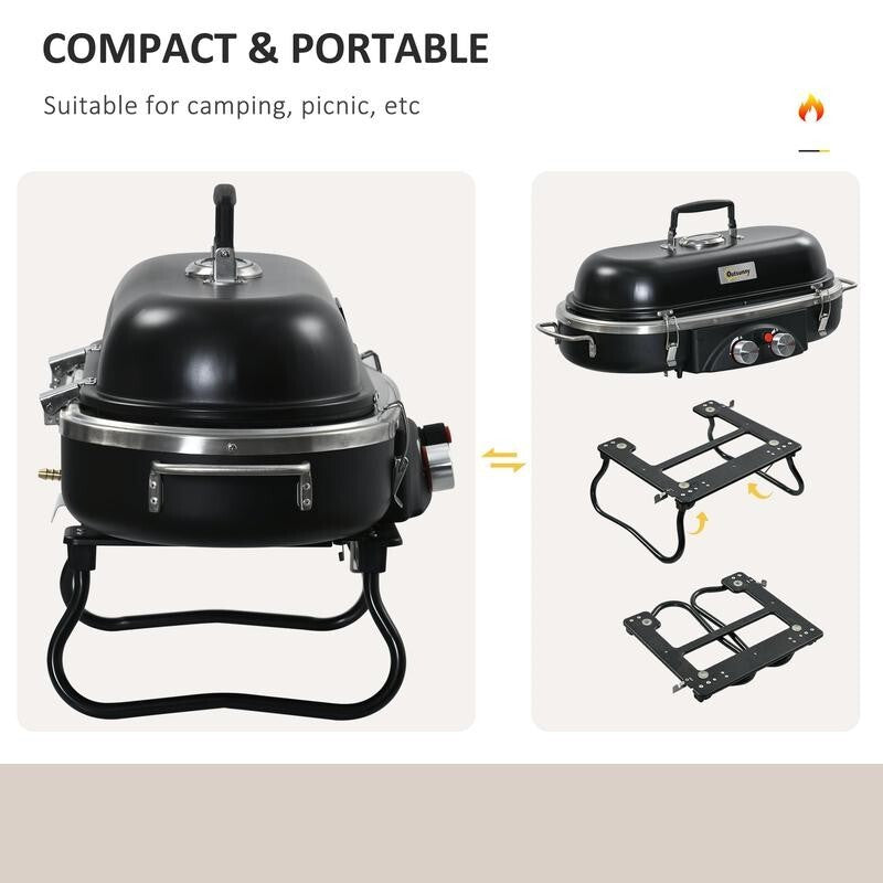 Foldable Tabletop Gas BBQ Grill 2 Burner w/ Lid, Thermometer, Regulator