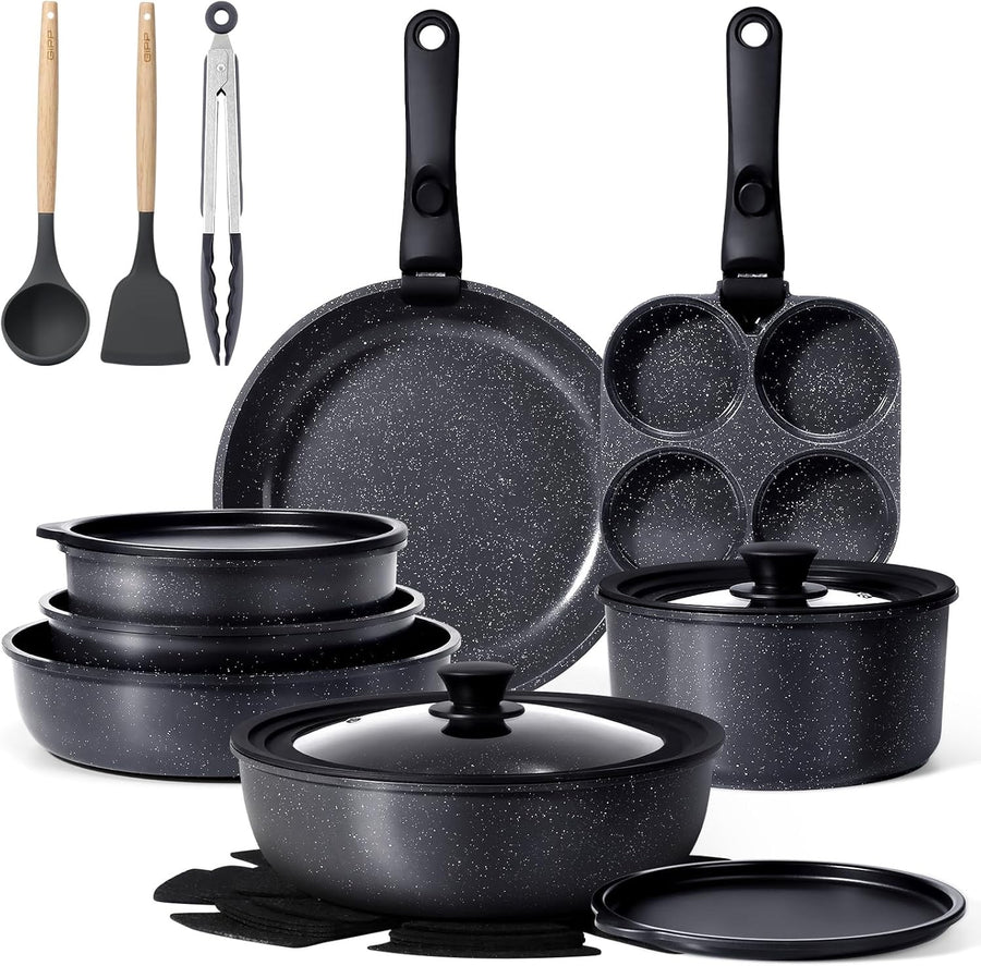 21Pcs Black Non Stick Cookware Set with Removable Handles, Induction & Oven Safe