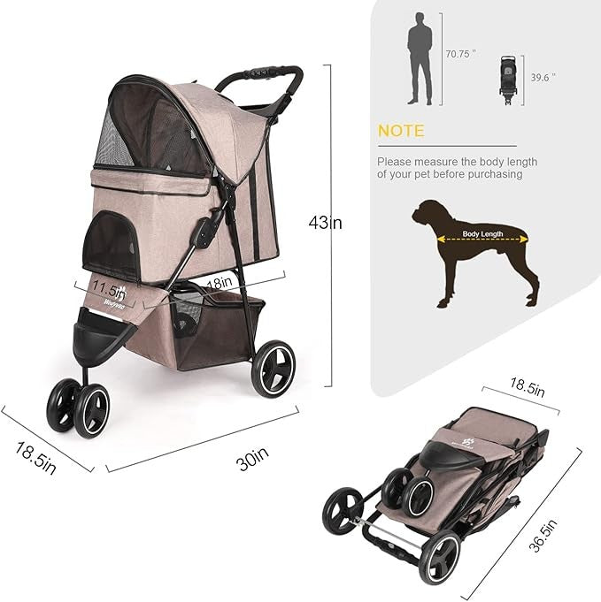 Dog Stroller Folding Pet Buggy 3 Wheel Travel Pram with Storage Basket