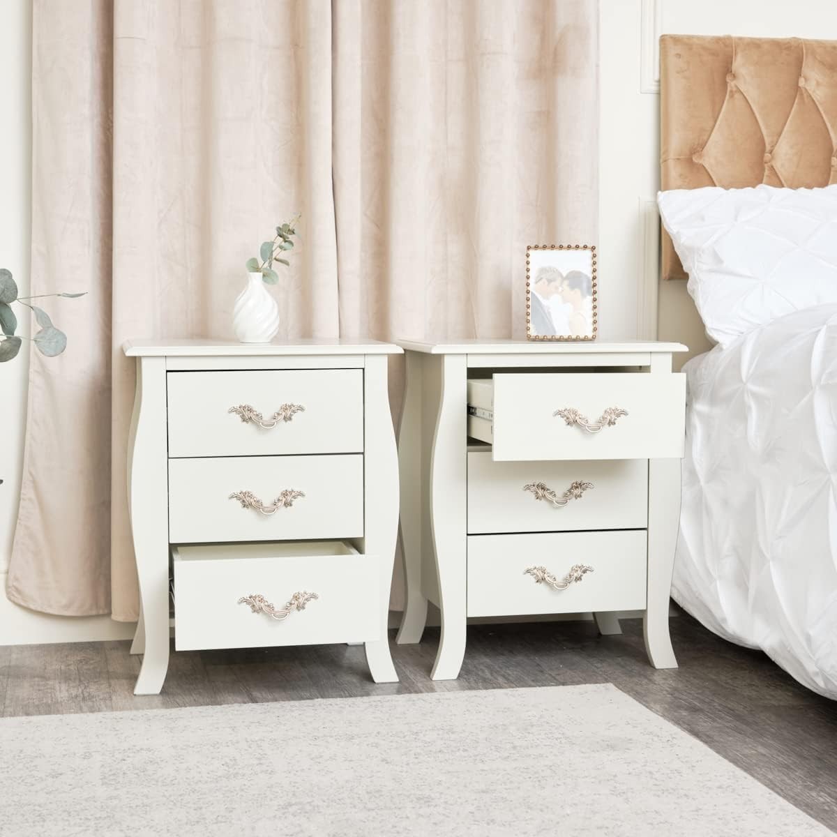 Set of 2 Ivory 3 Drawer Bedside Tables | Elegant Cream Gold Nightstands