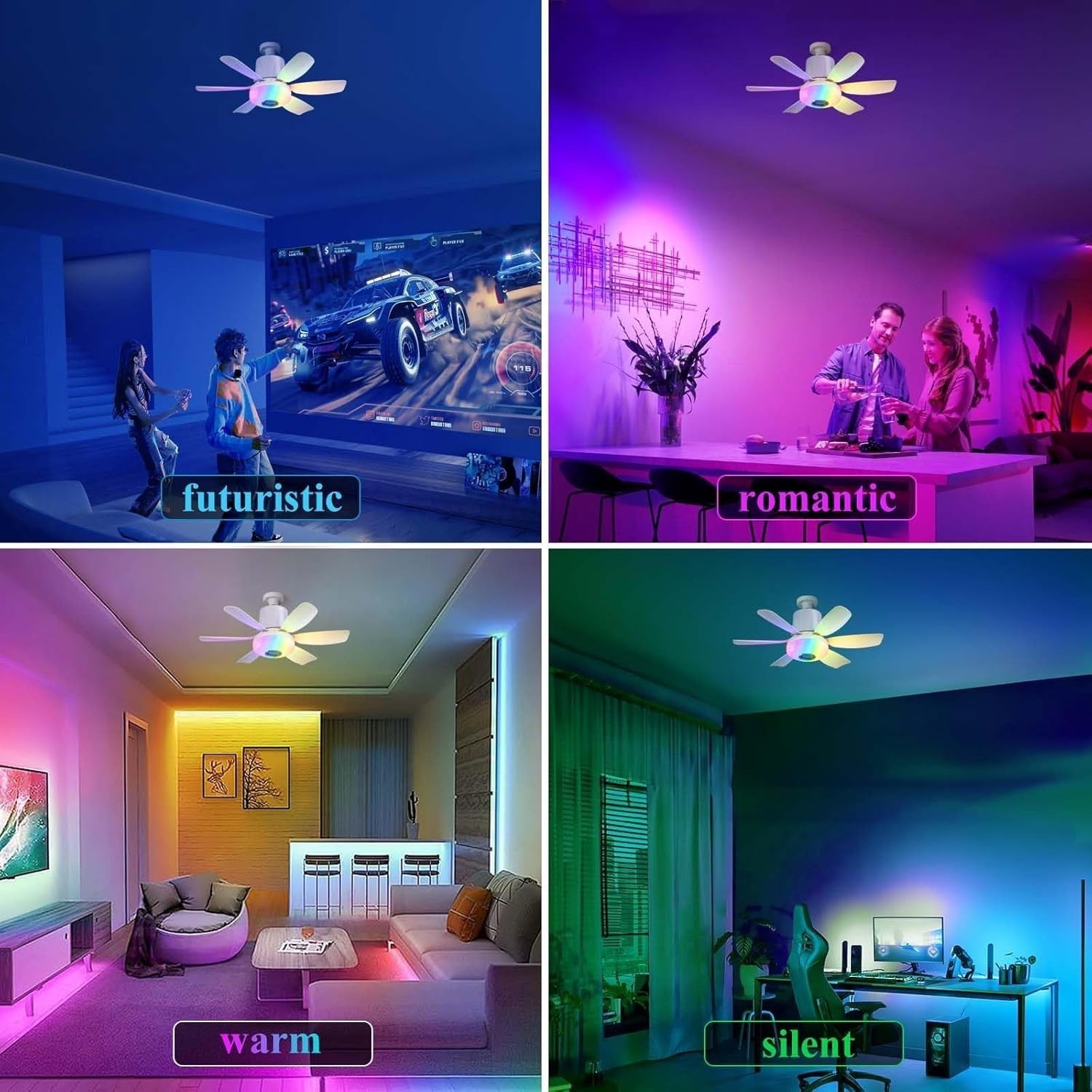 VIMAZ 32W Ceiling Fan with Lights, RGB Music, E27, 3-Speed, 6 Blades, Remote