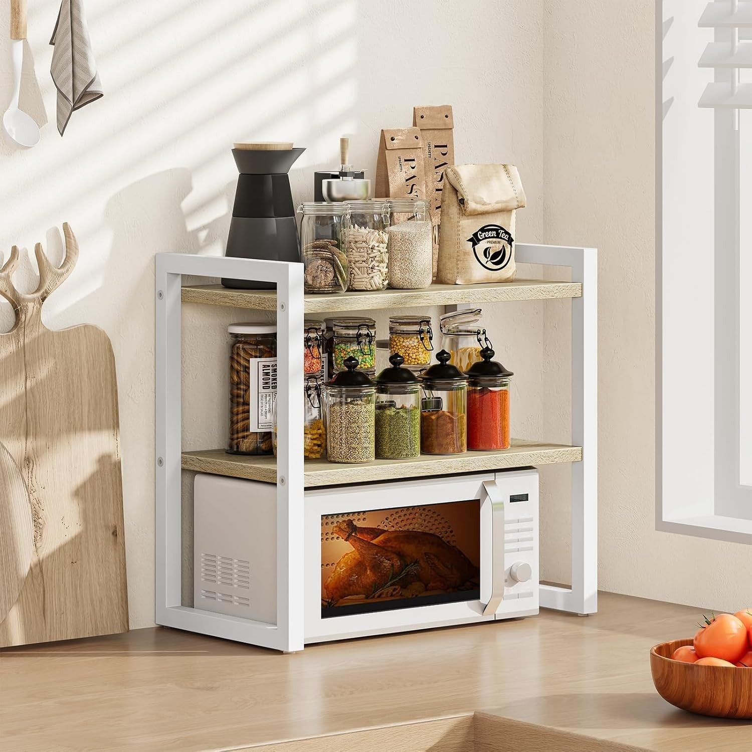 2-Tier White & Natural Desk Shelf Desktop Bookshelf Organizer for Office & Home