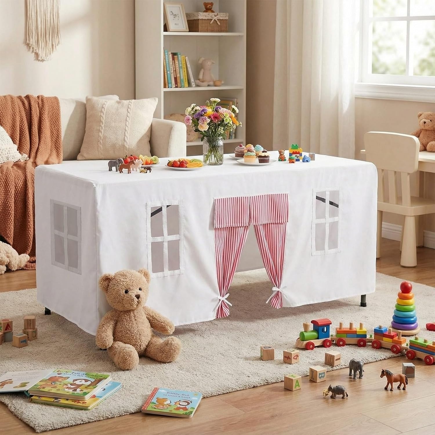 Kids Table Fort Tent Cover Indoor Outdoor Playhouse Tablecloth Pink