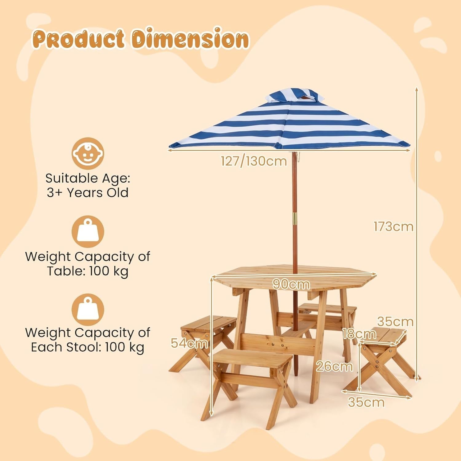 Wooden Kids Picnic Table Set with 4 Stools & Adjustable Umbrella Outdoor