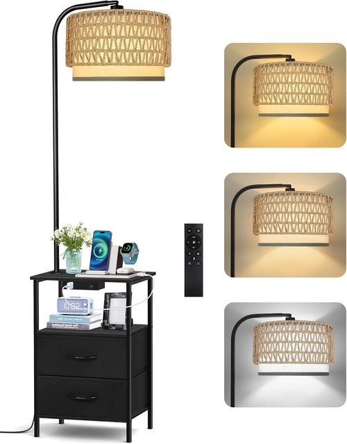 Floor Lamp with Table Drawers Rattan Shade Dimmable LED Charging Station