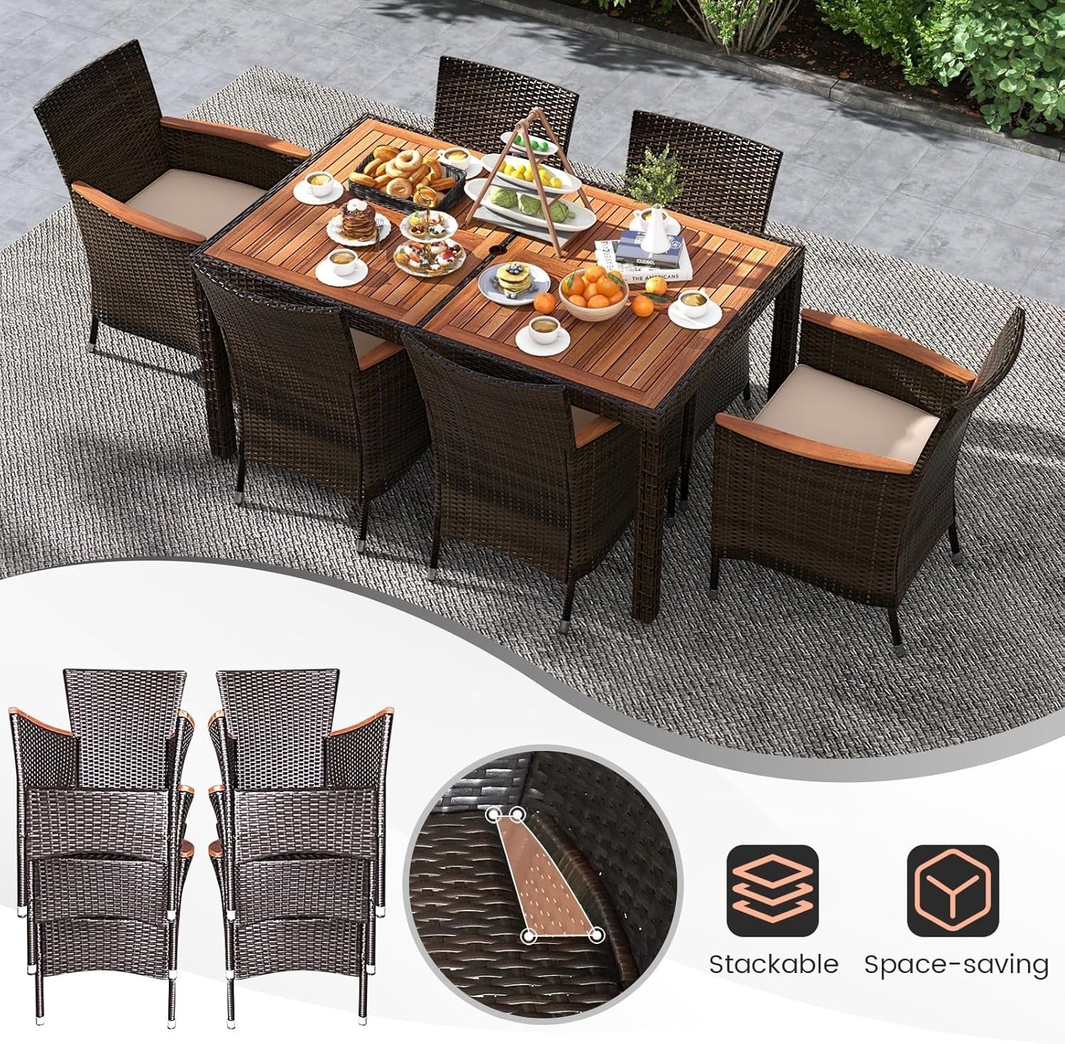 7PC Rattan Garden Dining Set Outdoor Table & Cushioned Chairs Patio