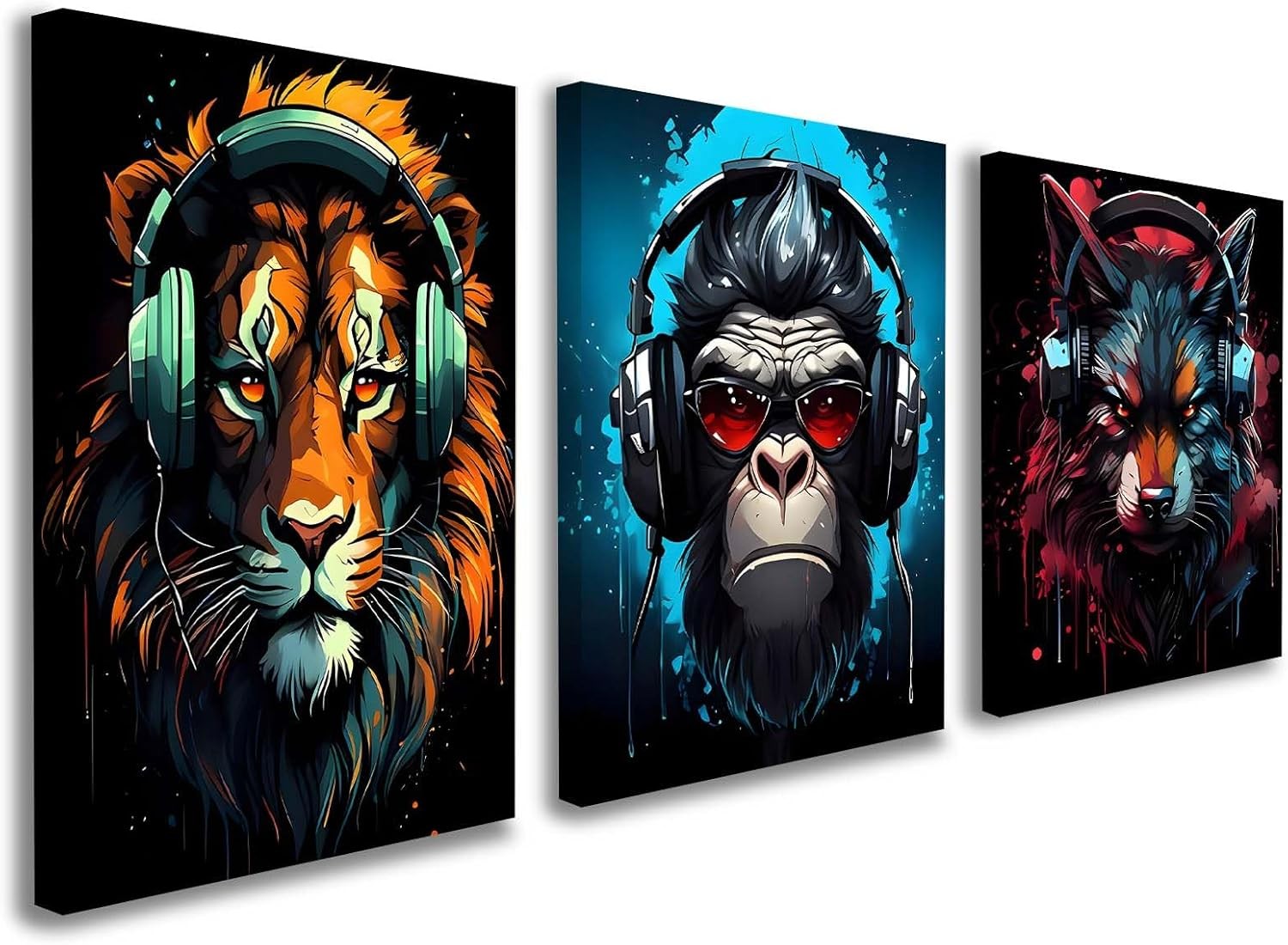 Set of 3 Music Animal Canvas Wall Art 12x16 Framed Lion Gorilla Wolf