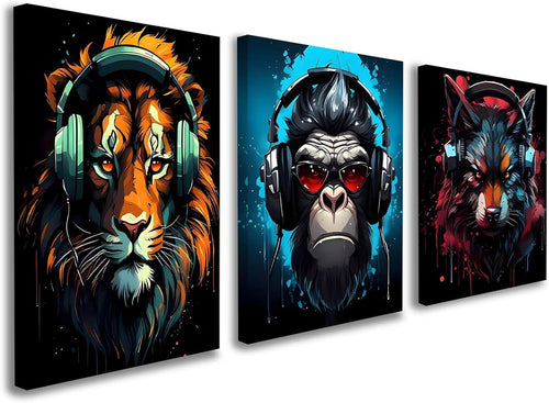 Set of 3 Music Animal Canvas Wall Art 12x16 Framed Lion Gorilla Wolf