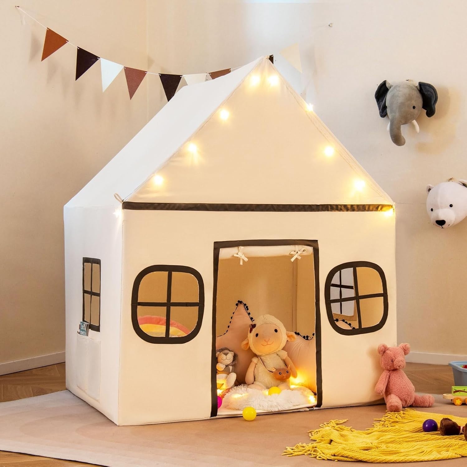 Kids Indoor Castle Tent w Star Lights Plush Mat Windows Storage