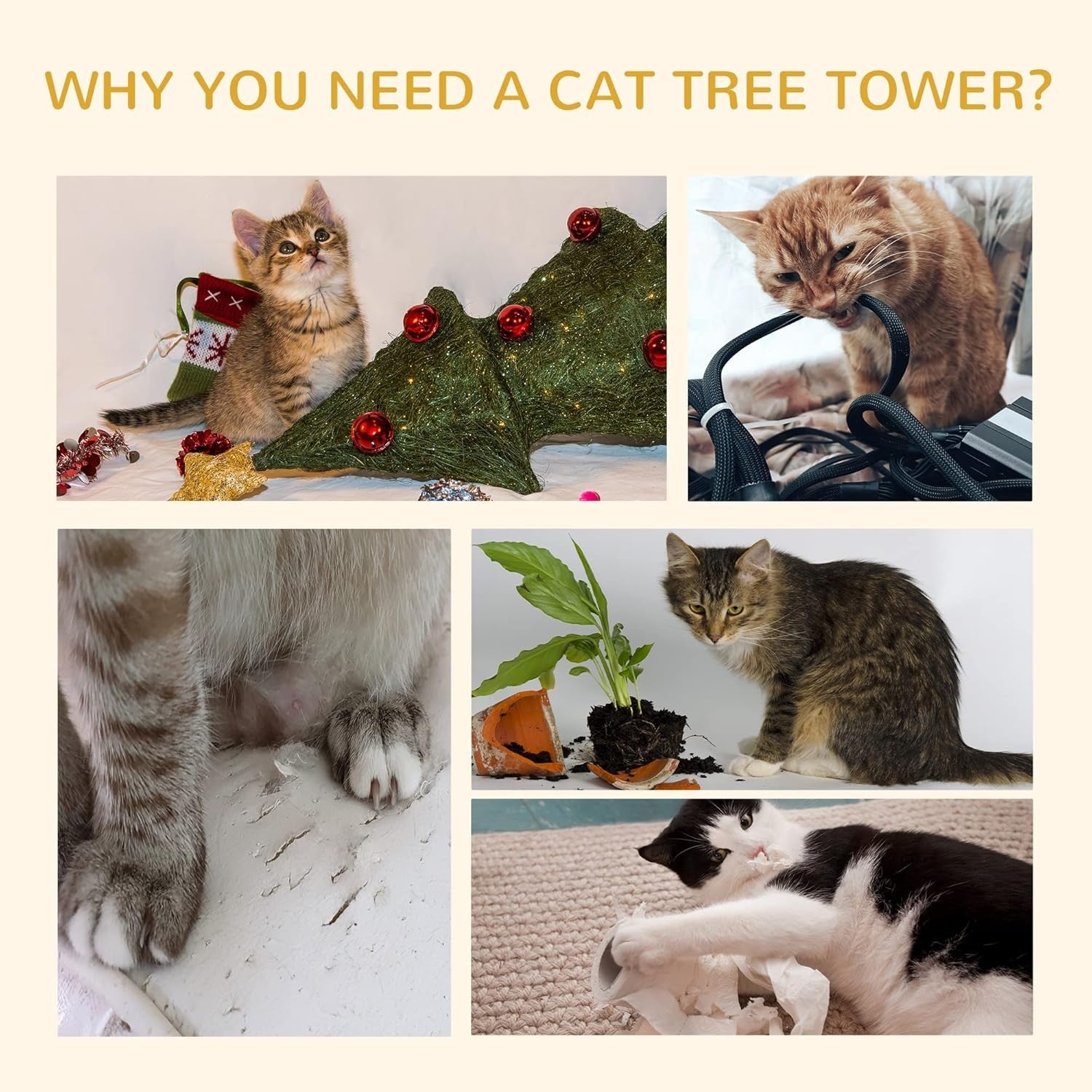 Floor to Ceiling Cat Tree Tower Adjustable 260cm Space Saving Climbing Posts