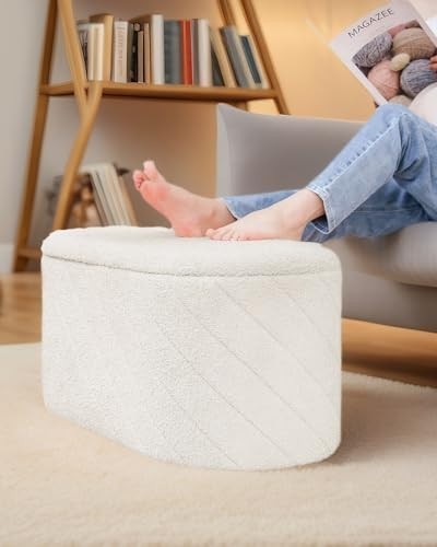 White Oval Storage Ottoman Bench 3-in-1 Seat Footrest with Hidden Storage