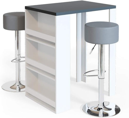 Bar Table Set with 2 Swivel Stools & Storage Shelves Anthracite White Modern