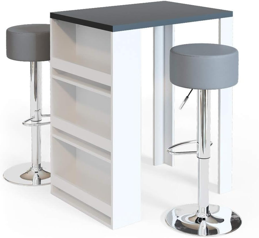 Bar Table Set with 2 Swivel Stools & Storage Shelves Anthracite White Modern