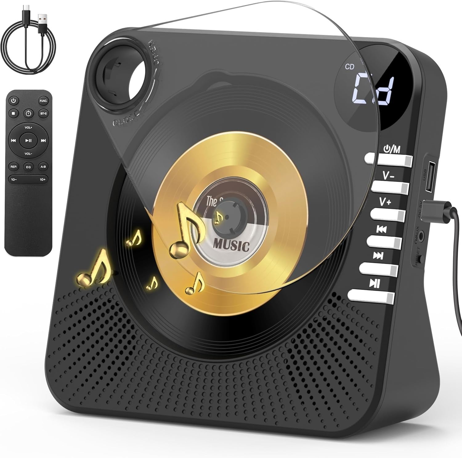 Bluetooth 5.1 CD Player w Speakers LED Display Remote USB AUX Black