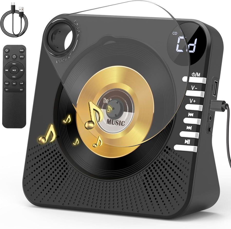 Bluetooth 5.1 CD Player w Speakers LED Display Remote USB AUX Black
