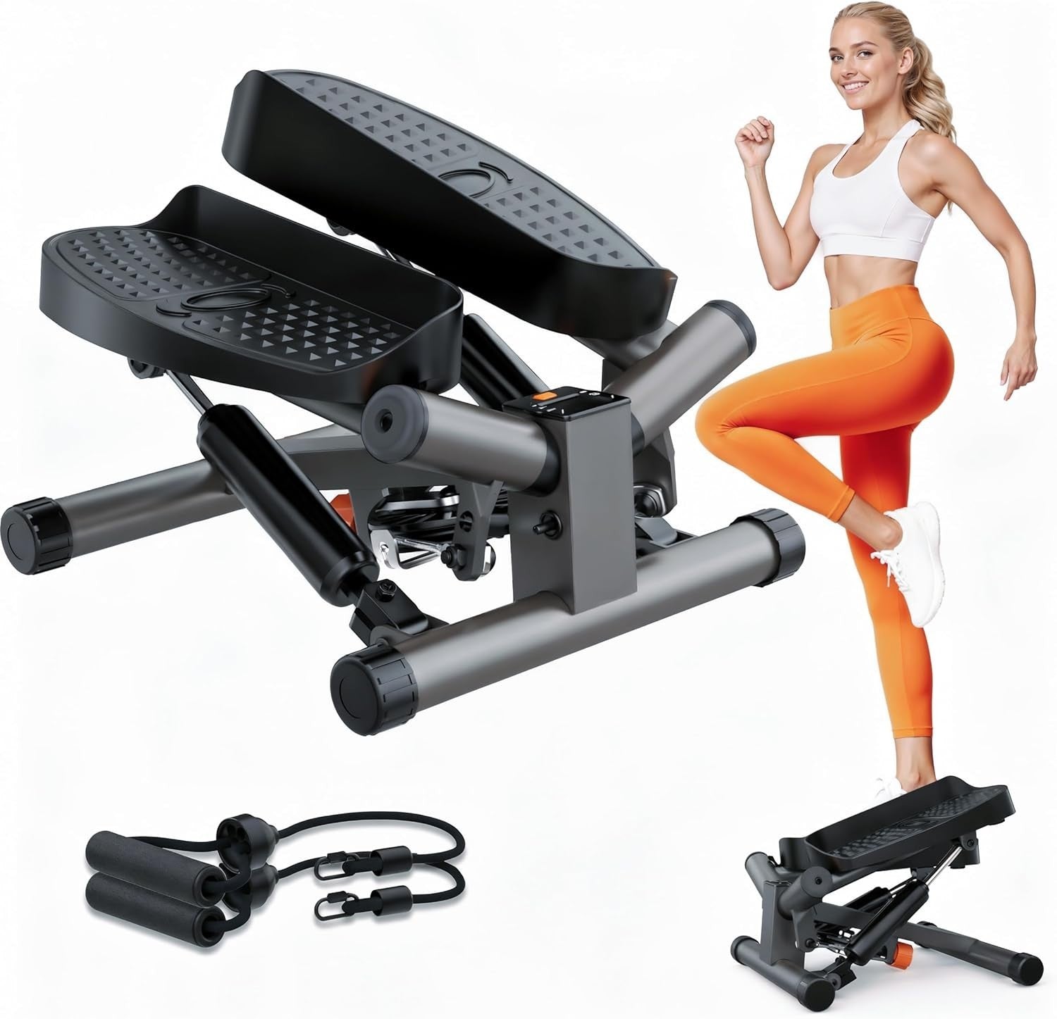 Mini Stepper w/ LCD Monitor, Resistance Bands & Non-Slip Pedals for Full-Body